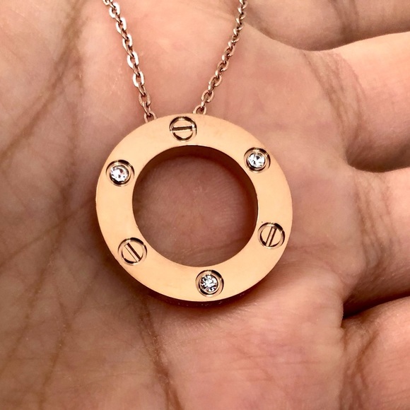 Screw Circle Zirconia Rose Gold Pendant Necklace - Picture 10 of 11